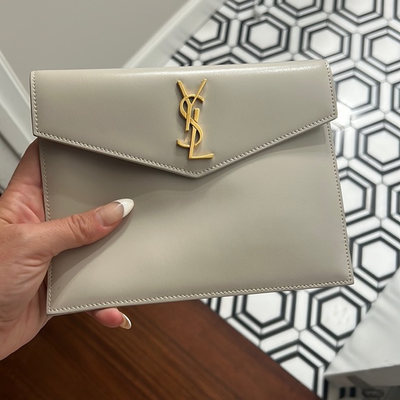 Yves Saint Laurent Cream and White Clutch with Gold Logo - Picture 1 of 7